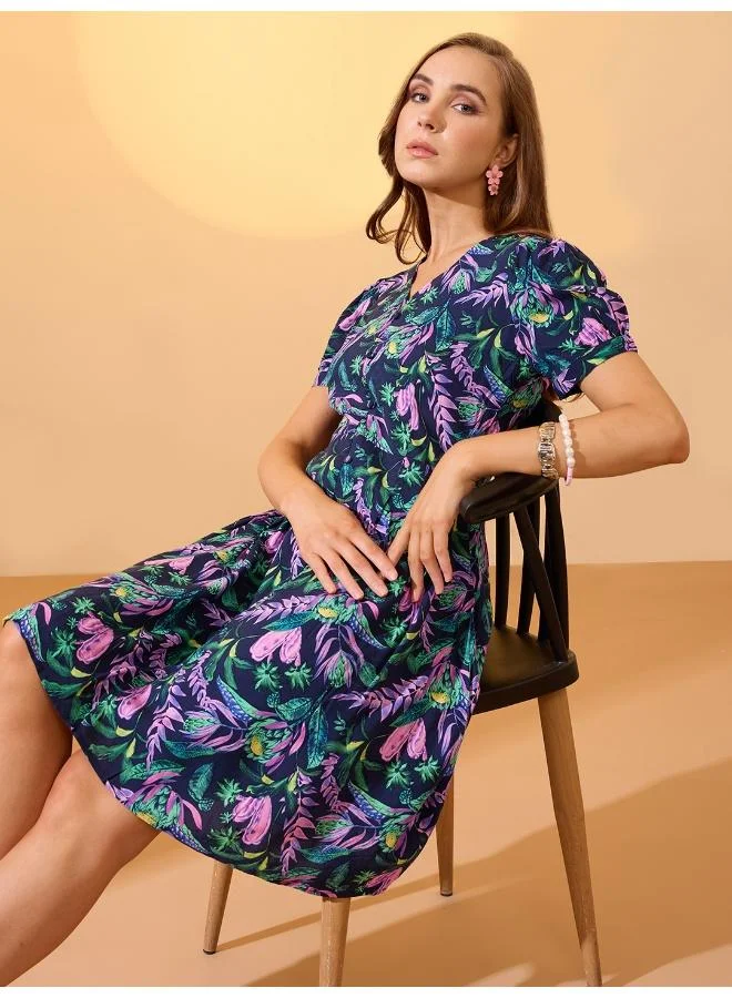 globus Globus Women V-Neck Puff Sleeves Button Detail Tropical Printed Pleated A-Line Dress